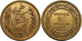 Weltmünzen und Medaillen, Tunesien / Tunisia. Französisches Protektorat. Ali Bey (AH1299-1320/1882-1902). 20 Francs (AH1309) 1892 A, Paris. Gold. 6,42...