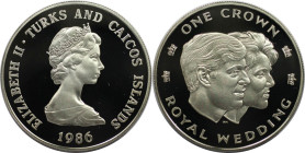 Weltmünzen und Medaillen, Turks und Caicos Inseln / Turks and Caicos Islands. Königliche Hochzeit. 1 Crown 1986. 28,28 g. 0.925 Silber. 0.84 OZ. KM 60...