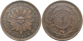 Weltmünzen und Medaillen, Uruguay. 4 Centesimos 1869 H. Bronze. KM 13. Stempelglanz