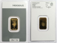 Medaillen und Jetons, Goldbarren / Gold bar. 5 g. Feingold 9999 Heraeus Hanau. Im Original Blister oder von uns eingeschweisst geliefert