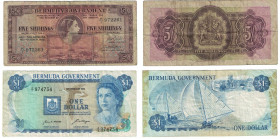 Banknoten, Bermuda, Lots und Sammlungen. Elizabeth II. 5 Shillings 1952, P. 18a (IV), 1 Dollar 1970, P. 23a (III). Lot von 2 Banknoten. III-IV