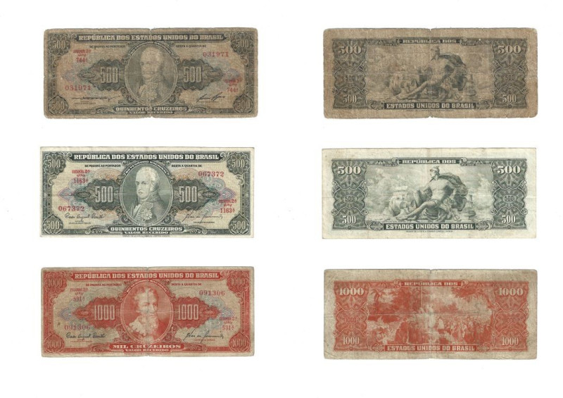 Banknoten, Brasilien / Brazil, Lots und Sammlungen. 2 x 500 Cruzeiros ND (1958-6...