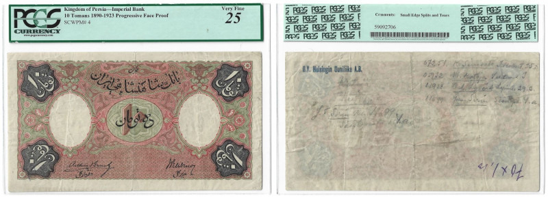 Banknoten, Iran. Imperial Bank. 10 Tomans (1890-1923) Progressive Face Proof. (P...