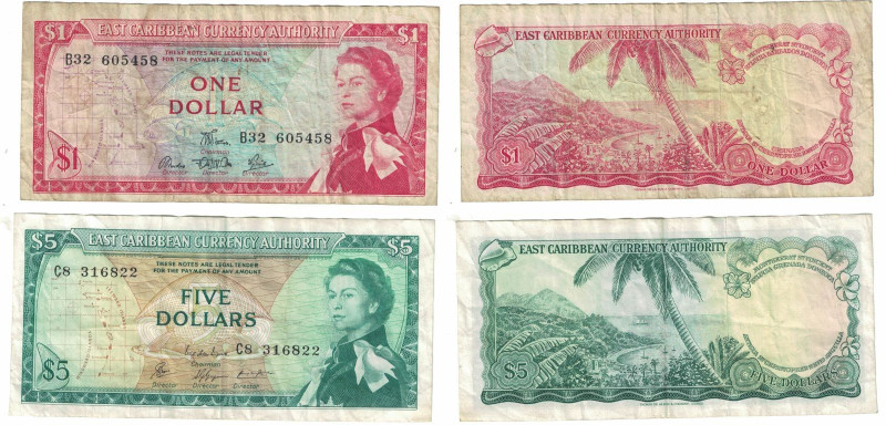 Banknoten, Ost Karibik / East Caribbean, Lots und Sammlungen. 1 Dollar und 5 Dol...