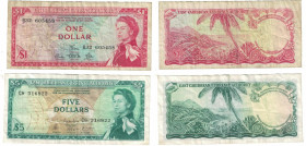 Banknoten, Ost Karibik / East Caribbean, Lots und Sammlungen. 1 Dollar und 5 Dollars ND (1965). Lot von 2 Banknoten. II-III