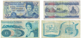 Banknoten, Lots und Sammlungen Banknoten. Falkland Inseln 1 Pound 1.10.1984. P. 13a (II-). St. Helena 5 Pounds ND (1976), P. 7a (III). Lot von 2 Bankn...