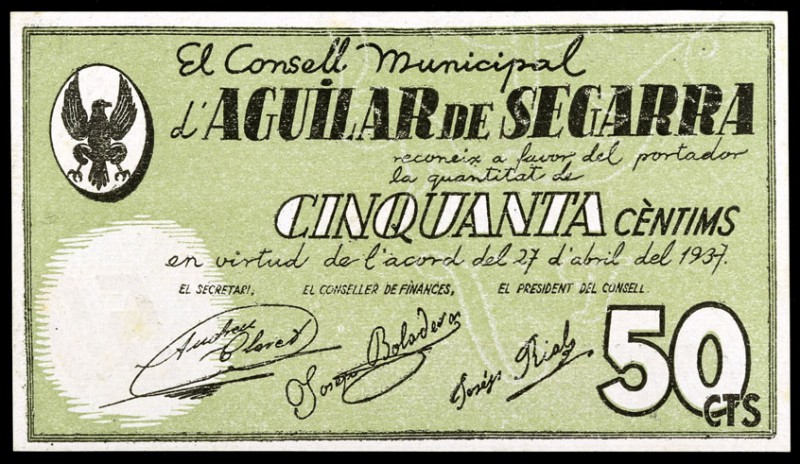 Aguilar de Segarra. 50 céntimos y 1 peseta. (T. 22 y 23var). 2 billetes, todos l...