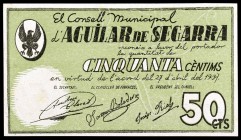 Aguilar de Segarra. 50 céntimos y 1 peseta. (T. 22 y 23var). 2 billetes, todos los de la localidad, el de 50 céntimos sin tampón pero con numeración n...