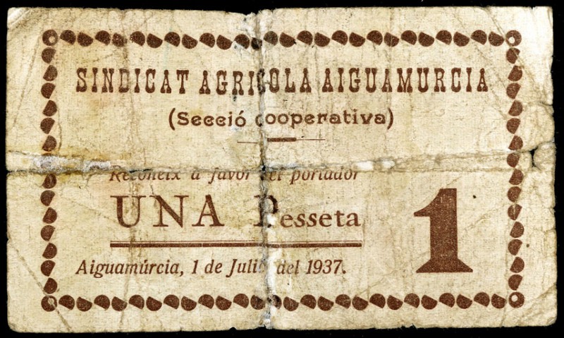 Aiguamurcia. Sindicat Agrícola (Secció Cooperativa). 1 peseta. (T. 31a). Roto y ...