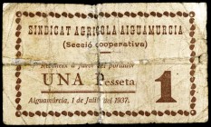 Aiguamurcia. Sindicat Agrícola (Secció Cooperativa). 1 peseta. (T. 31a). Roto y pegado en la época. Raro. (BC).