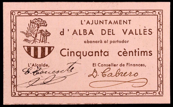 Alba del Vallés. 25 y 50 céntimos. (T. 64a y 65a). 2 billetes. Raros y mas así. ...