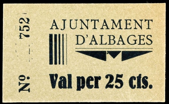 Albagés, l'. 25, 50 céntimos y 1 peseta. (T. 66 var, 67 y 68a). 3 cartones, seri...