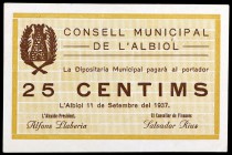 Albiol, l'. 25 céntimos y 1 peseta. (T. 91 y 92). 2 billetes, todos los de la localidad. Nº 0148 y 0170. Raros así. EBC+.