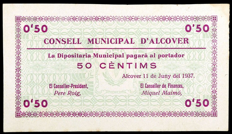 Alcover. 25, 50 céntimos y 1 pesetas. (T. 108, 109c y 110a). 2 billetes y 1 cart...