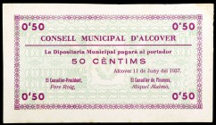 Alcover. 25, 50 céntimos y 1 pesetas. (T. 108, 109c y 110a). 2 billetes y 1 cartón, una serie completa, el de 50 céntimos sin impresión del reverso. R...
