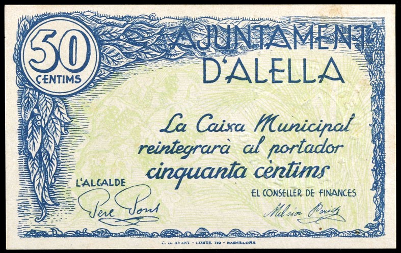 Alella. 25, 50 céntimos y 1 peseta. (T. 116 a 118). 3 billetes, todos los de la ...