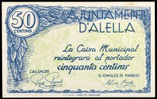 Alella. 25, 50 céntimos y 1 peseta. (T. 116 a 118). 3 billetes, todos los de la localidad. Escasos así. EBC/EBC+.