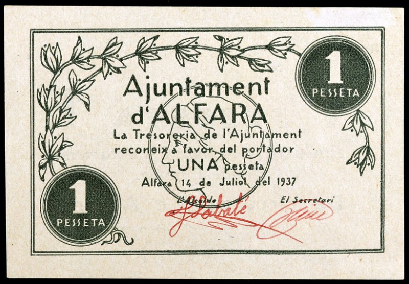 Alfara dels Ports. 25, 50 céntimos y 1 peseta. (T. 119d, 120 y 121b). 3 billetes...
