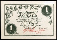 Alfara dels Ports. 25, 50 céntimos y 1 peseta. (T. 119d, 120 y 121b). 3 billetes, todos los de la localidad. Raros y más así. EBC/EBC+.