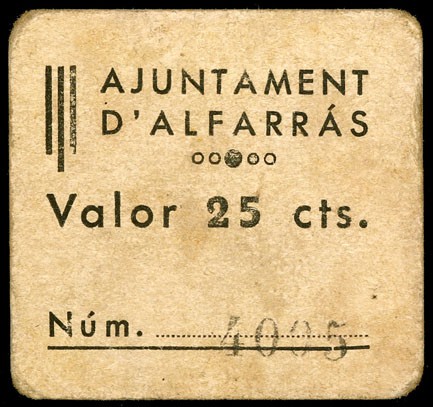 Alfarràs. Ajuntament. 25 céntimos. (T. 125a). Cartón. Raro. MBC.