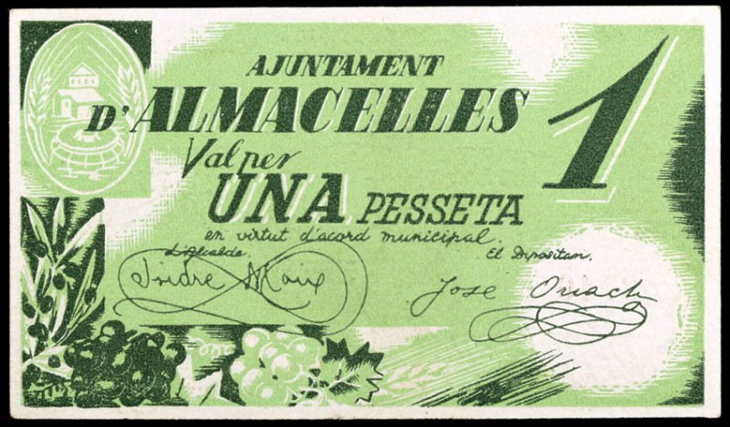 Almacelles. 25, 50 céntimos (dos) y 1 peseta. (T. 152a y 153 a 155). 4 billetes,...