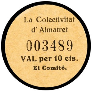 Almatret. La Colectivitat. 10 céntimos. (T. 160c). Cartón redondo. Muy raro. EBC...