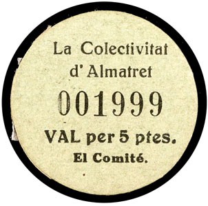 Almatret. La Colectivitat. 5, 10, 25 céntimos, 1, 2 y 5 pesetas. (T. 156a, 157a,...