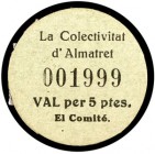 Almatret. La Colectivitat. 5, 10, 25 céntimos, 1, 2 y 5 pesetas. (T. 156a, 157a, 158a, 159a, 160b y 161c). 6 cartones redondos, serie completa. Conjun...