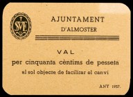 Almoster. 1 peseta. (T. 170b). Cartón. Raro. EBC-.