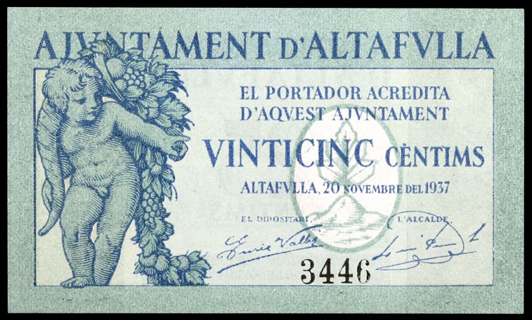 Altafulla. 25 (dos), 50 céntimos (dos) y 1 peseta. (T. 183 a 186). 3 billetes y ...
