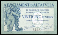 Altafulla. 25 (dos), 50 céntimos (dos) y 1 peseta. (T. 183 a 186). 3 billetes y 2 cartones, todos los de la localidad. Escasos así. EBC- / EBC.