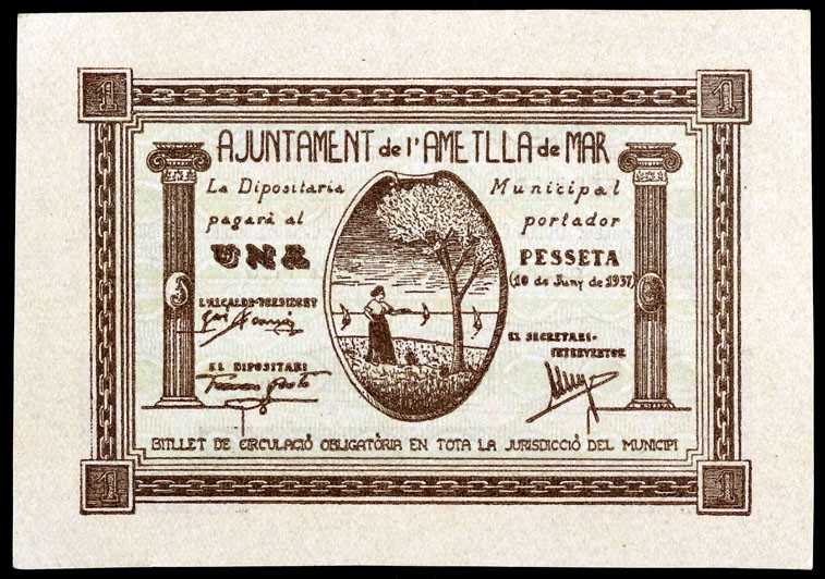 Ametlla de Mar, l'. 25 (dos), 50 céntimos (dos) y 1 peseta (dos). (T. 189c, 190,...
