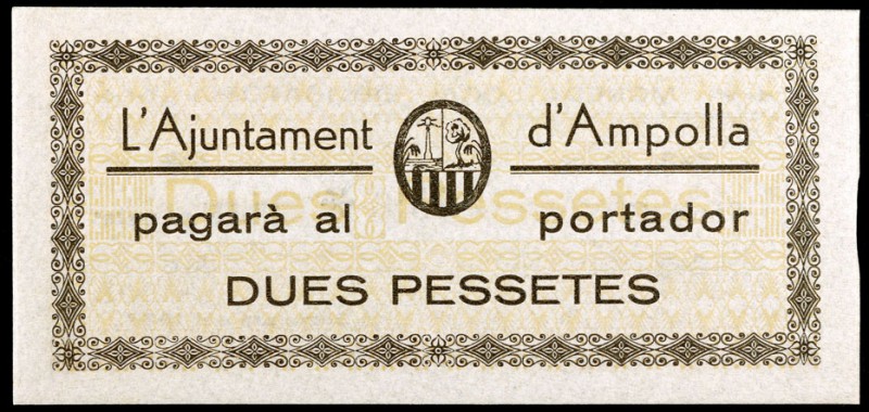 Ampolla, l'. 50 céntimos, 1 y 2 pesetas. (T. 206, 207 y 208b). 3 billetes, serie...