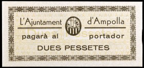 Ampolla, l'. 50 céntimos, 1 y 2 pesetas. (T. 206, 207 y 208b). 3 billetes, serie completa. Raros así. EBC+.
