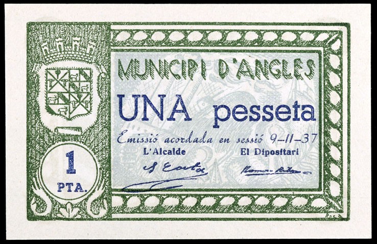 Anglès. 25 (dos), 50 céntimos (dos) y 1 peseta (dos). (T. 214 a 219). 6 billetes...
