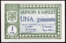 Anglès. 25 (dos), 50 céntimos (dos) y 1 peseta (dos). (T. 214 a 219). 6 billetes, dos series completas. MBC/EBC.