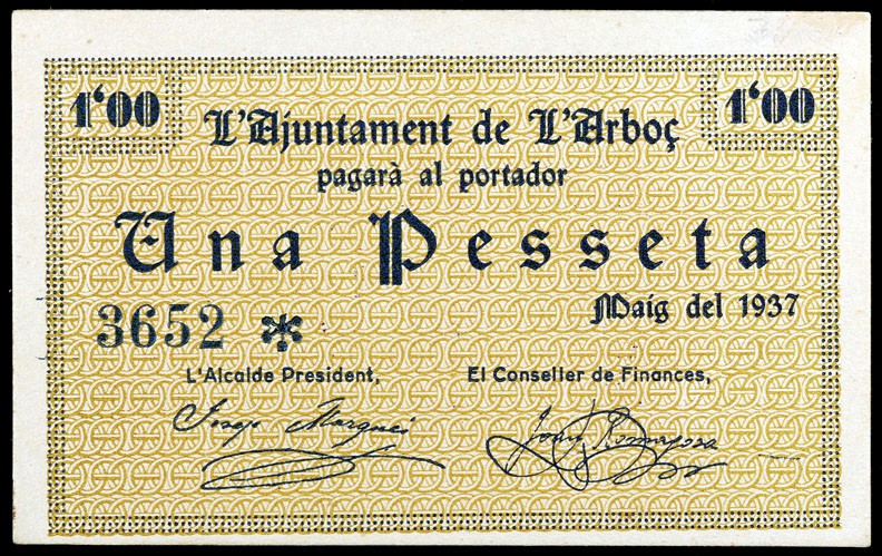 Arboç, l'. 25 céntimos (dos) y 1 peseta. (T. 225 a 227). 3 billetes, serie compl...