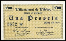Arboç, l'. 25 céntimos (dos) y 1 peseta. (T. 225 a 227). 3 billetes, serie completa. MBC+/EBC.