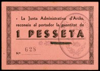 Archs. Junta Administrativa. 25, 50 céntimos y 1 peseta. (T. 237c, 238b y 239c). 3 cartones, todos los de la localidad, el de 25 céntimos nº 010. Raro...