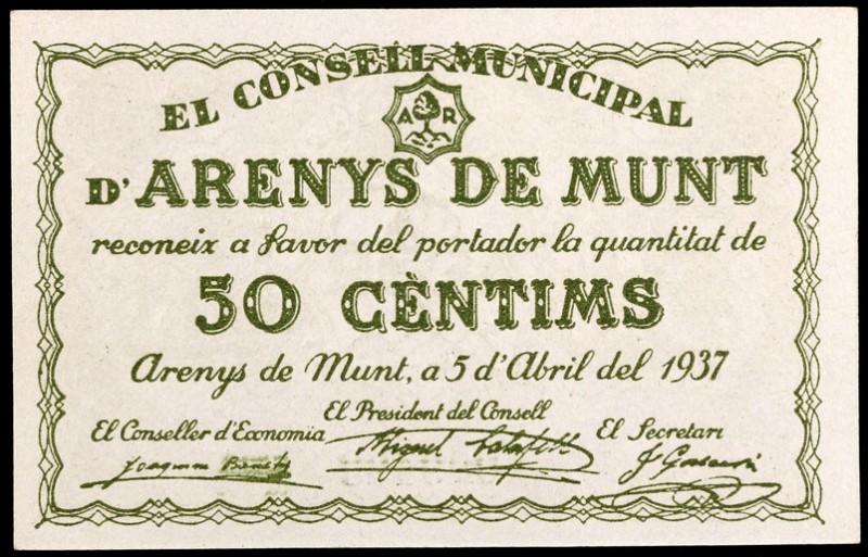 Arenys de Munt. 50 pesetas y 1 peseta (tres) (T. 247, 247a (dos) y 248). 4 bille...