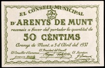 Arenys de Munt. 50 pesetas y 1 peseta (tres) (T. 247, 247a (dos) y 248). 4 billetes, todos los de la localidad, incluye una pareja correlativa de la p...