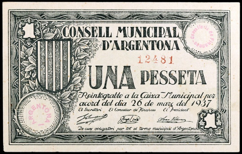 Argentona. 25 céntimos y 1 peseta (dos). (T. 260 (dos) y 261). 3 billetes, todos...