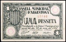 Argentona. 25 céntimos y 1 peseta (dos). (T. 260 (dos) y 261). 3 billetes, todos los de la localidad. Escasos así. EBC-/EBC.