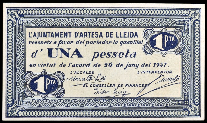 Artesa de Lleida. 25, 50 céntimos y 1 peseta. (T. 287 a 289). 3 billetes, serie ...