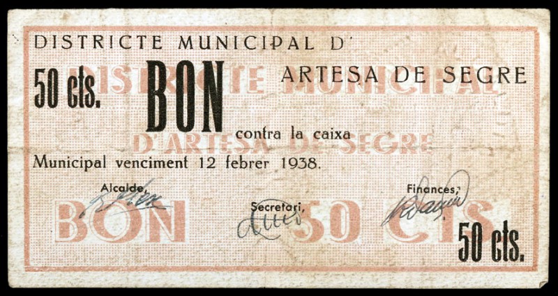 Artesa de Segre. 50 céntimos y 1 peseta (dos). (T. 290, 294 y 298). 3 billetes, ...