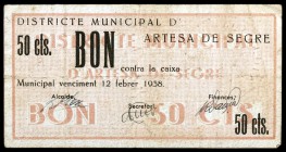 Artesa de Segre. 50 céntimos y 1 peseta (dos). (T. 290, 294 y 298). 3 billetes, uno de cada emisión. Escasos. BC-/BC+.