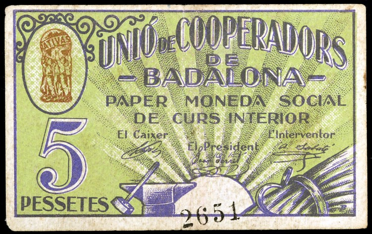Badalona. Unió de Cooperadors. 10, 25 céntimos, 1 y 5 pesetas. (T. 319, 321, 322...