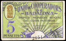 Badalona. Unió de Cooperadors. 10, 25 céntimos, 1 y 5 pesetas. (T. 319, 321, 322 y falta). 4 billetes, el de 5 pesetas falta en Turró. Escasos. MBC/EB...