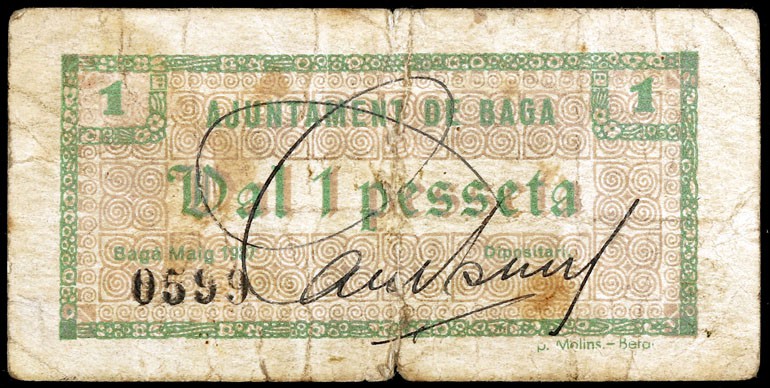Bagà. 1 peseta. (T. 323). 2 billetes, uno nº 0155. Escasos. BC.