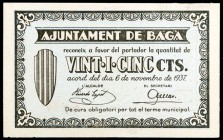 Bagà. 5, 10 (dos), 25, 50 céntimos y 1 peseta. (T. 325 a 329). 6 billetes, una serie completa. Escasos así. MBC+/EBC.